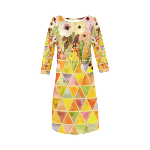 Watercolor Flowers Triangles Orange Yellow Green Round Collar Dress (D22)