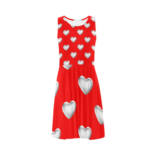 Silver 3-D Look Valentine Love Hearts on Red Sleeveless Ice Skater Dress (D19)