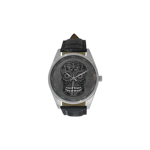Dark gothic silver grey sugar skull Men's Casual Leather Strap Watch(Model 211)