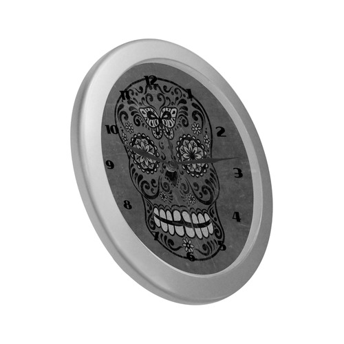 Dark gothic silver grey sugar skull Silver Color Wall Clock