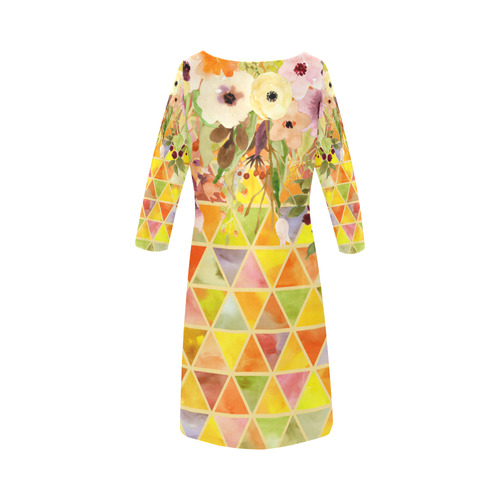 Watercolor Flowers Triangles Orange Yellow Green Round Collar Dress (D22)