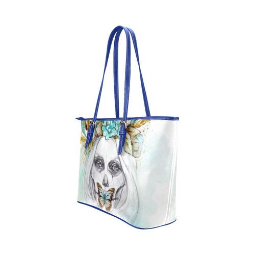 Sugar Skull Girl Mint Gold Leather Tote Bag/Large (Model 1651)