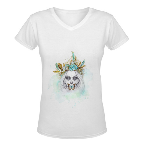 Sugar Skull Girl Mint Gold Women's Deep V-neck T-shirt (Model T19)