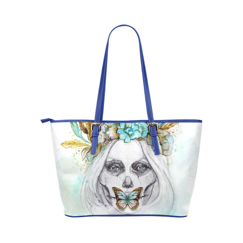 Sugar Skull Girl Mint Gold Leather Tote Bag/Large (Model 1651)