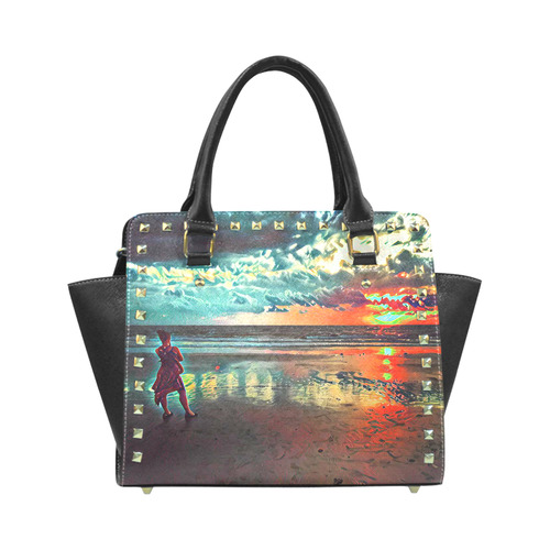 Girl on the beach during sunset red sun Rivet Shoulder Handbag (Model 1645)