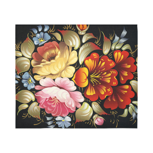 Beautiful Vintage Folk Art Floral On Black Cotton Linen Wall Tapestry 60"x 51"