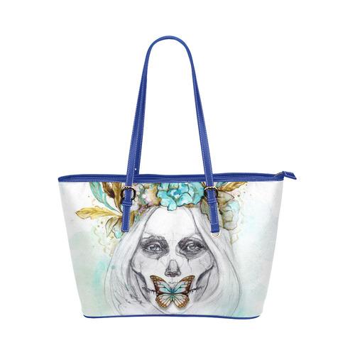 Sugar Skull Girl Mint Gold Leather Tote Bag/Large (Model 1651)