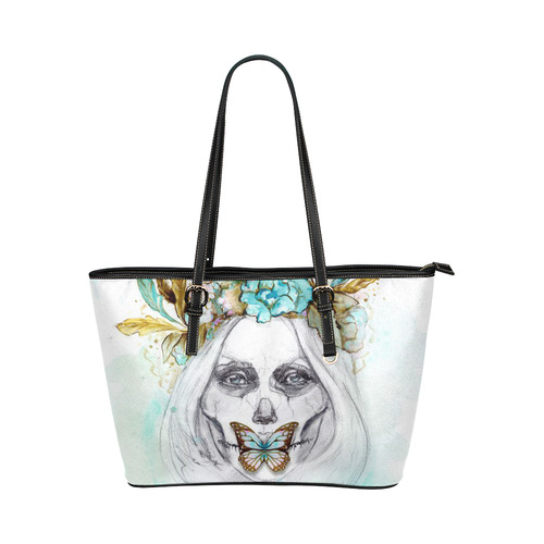 Sugar Skull Girl Mint Gold Leather Tote Bag/Large (Model 1651)