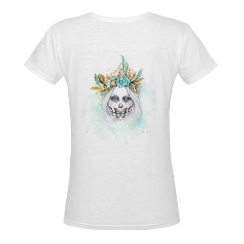 Sugar Skull Girl Mint Gold Women's Deep V-neck T-shirt (Model T19)