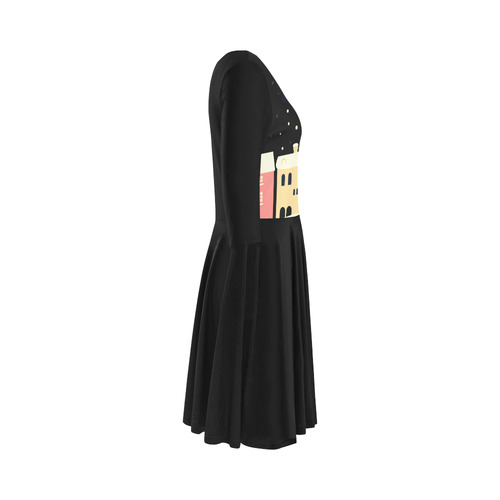 New designers Dress with hand-drawn Homes / Winter edition BLACK Elbow Sleeve Ice Skater Dress (D20)