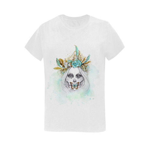 Sugar Skull Girl Mint Gold Women's T-Shirt in USA Size (Two Sides Printing)