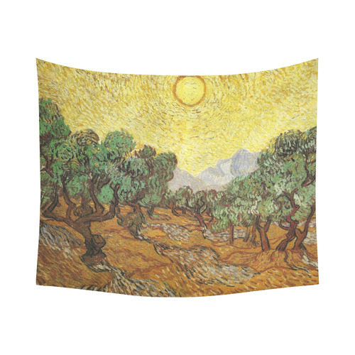 Van Gogh Olive Trees Yellow Sky Sun Cotton Linen Wall Tapestry 60"x 51"