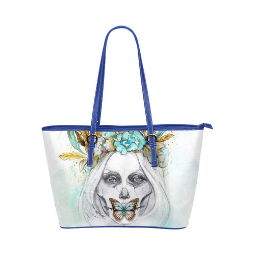 Sugar Skull Girl Mint Gold Leather Tote Bag/Small (Model 1651)