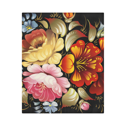 Beautiful Vintage Folk Art Floral On Black Duvet Cover 86"x70" ( All-over-print)