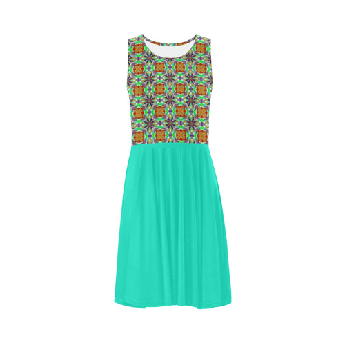 Topaz and Green and Bright Turquoise Sleeveless Ice Skater Dress (D19)