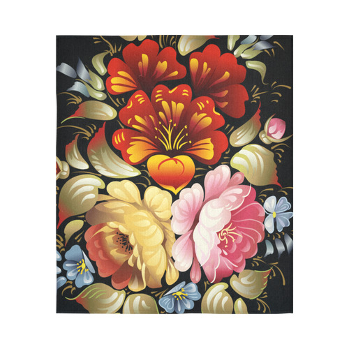 Vintage Beautiful Folk Art Floral Black Background Cotton Linen Wall Tapestry 51"x 60"