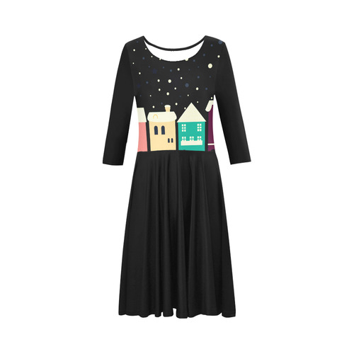 New designers Dress with hand-drawn Homes / Winter edition BLACK Elbow Sleeve Ice Skater Dress (D20)