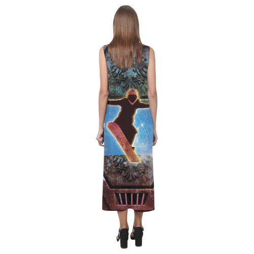 Snowboarding on steampunk background Phaedra Sleeveless Open Fork Long Dress (Model D08)