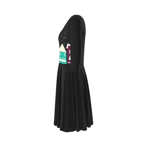 New designers Dress with hand-drawn Homes / Winter edition BLACK Elbow Sleeve Ice Skater Dress (D20)