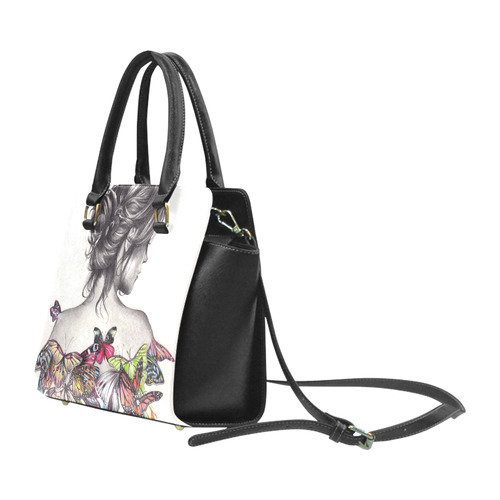 Beautiful girl with colorful butterflies 副本 Rivet Shoulder Handbag (Model 1645)