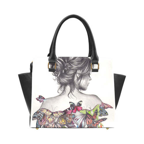Beautiful girl with colorful butterflies 副本 Rivet Shoulder Handbag (Model 1645)