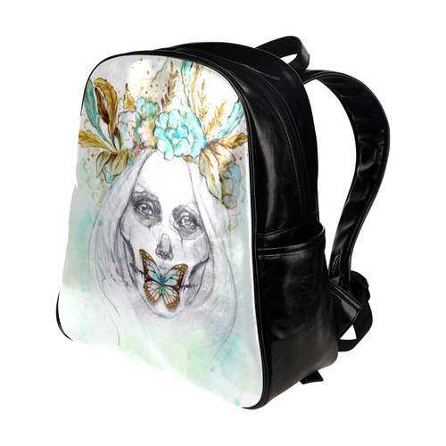 Sugar Skull Girl Mint Gold Multi-Pockets Backpack (Model 1636)