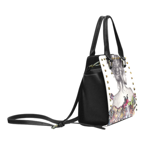 Beautiful girl with colorful butterflies 副本 Rivet Shoulder Handbag (Model 1645)