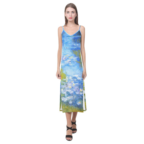 Claude Monet Water Lilies Fine Floral V-Neck Open Fork Long Dress(Model D18)