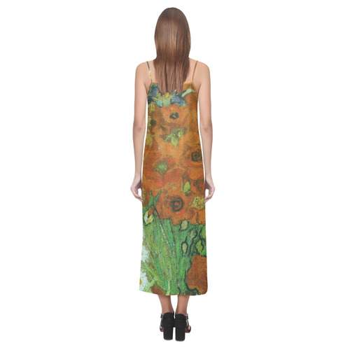 Van Gogh Red Poppies and Daisies V-Neck Open Fork Long Dress(Model D18)