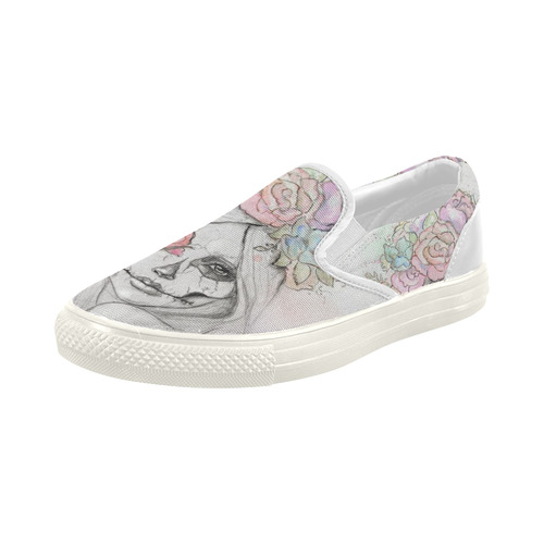 Boho Queen, skull girl, watercolor woman Women's Slip-on Canvas Shoes (Model 019)