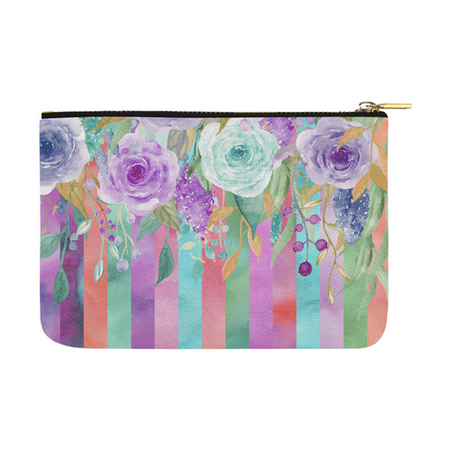 Watercolor Flowers Stripes Cyan Purple Orange Carry-All Pouch 12.5''x8.5''