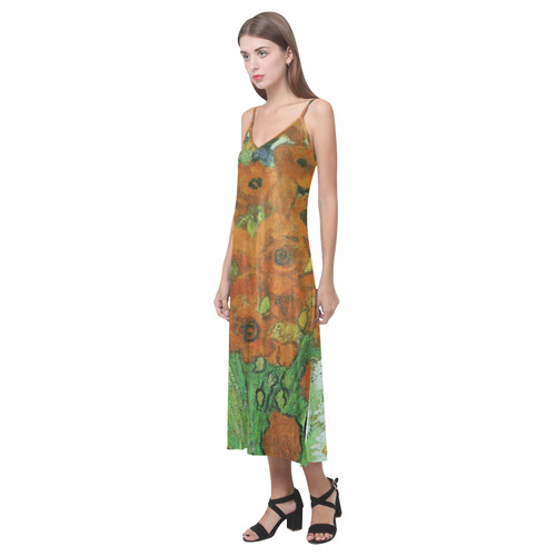 Van Gogh Red Poppies and Daisies V-Neck Open Fork Long Dress(Model D18)