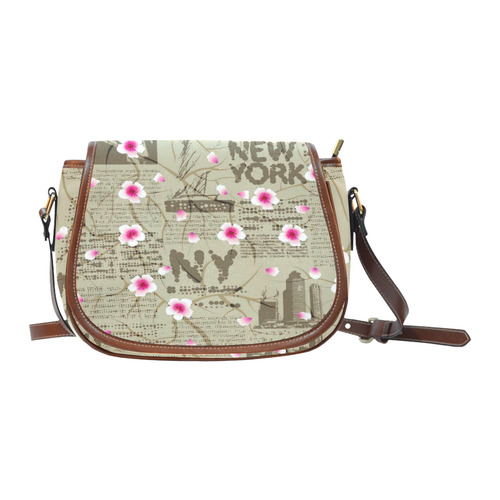 Newspaper New York pink flower Saddle Bag/Large (Model 1649)