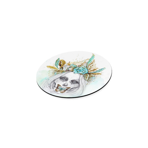 Sugar Skull Girl Mint Gold Round Coaster