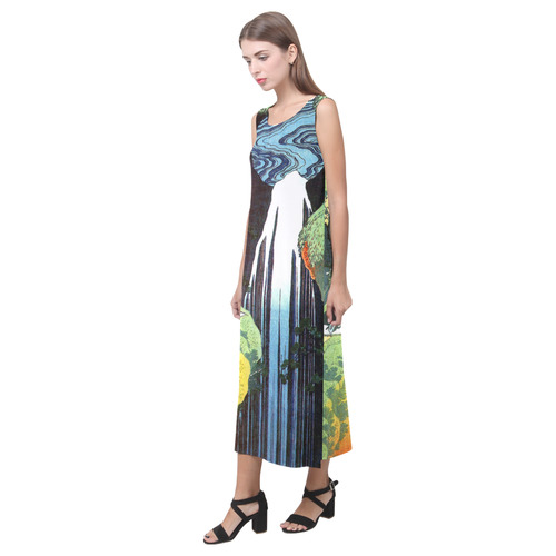 Hokusai Amida Waterfall Japanese Nature Landscape Phaedra Sleeveless Open Fork Long Dress (Model D08)