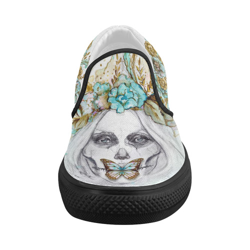 Sugar Skull Girl Mint Gold Women's Slip-on Canvas Shoes (Model 019)