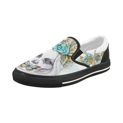 Sugar Skull Girl Mint Gold Women's Slip-on Canvas Shoes (Model 019)