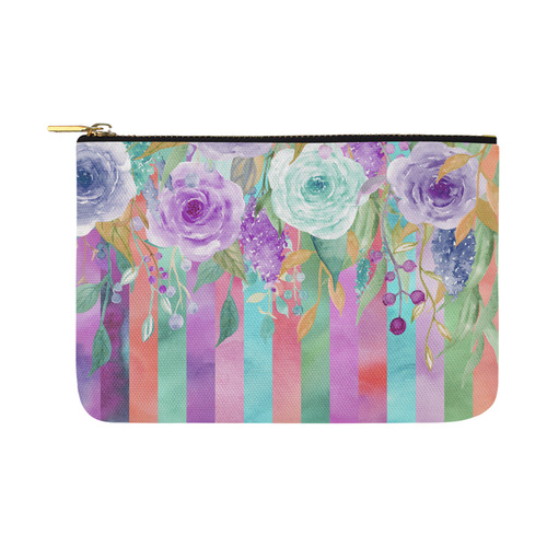 Watercolor Flowers Stripes Cyan Purple Orange Carry-All Pouch 12.5''x8.5''