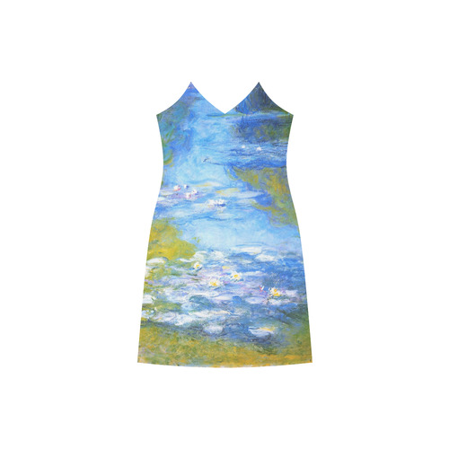 Claude Monet Water Lilies Fine Floral V-Neck Open Fork Long Dress(Model D18)