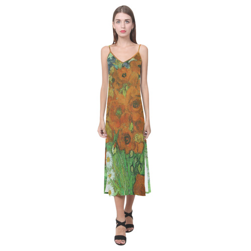 Van Gogh Red Poppies and Daisies V-Neck Open Fork Long Dress(Model D18)