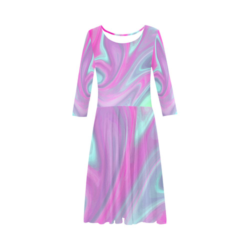 Pink Aqua Green Modern Abstract Art Elbow Sleeve Ice Skater Dress (D20)