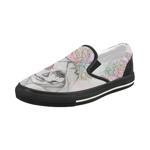 Boho Queen, skull girl, watercolor woman Women's Slip-on Canvas Shoes (Model 019)