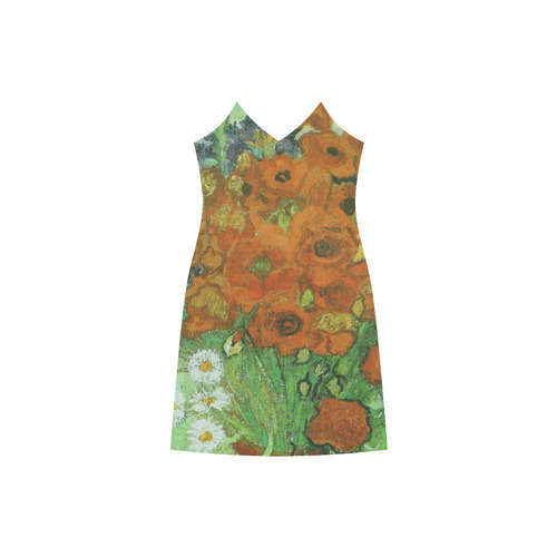 Van Gogh Red Poppies and Daisies V-Neck Open Fork Long Dress(Model D18)