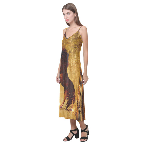 Awesome horse, vintage background V-Neck Open Fork Long Dress(Model D18)