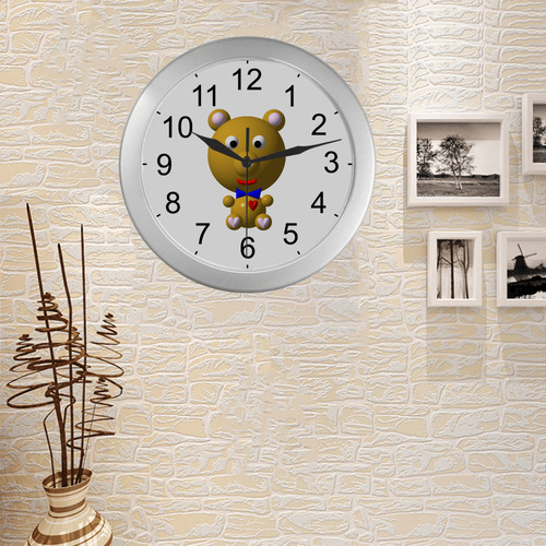 Cute Critters With Heart: Bear Wearing Bowtie Silver Color Wall Clock