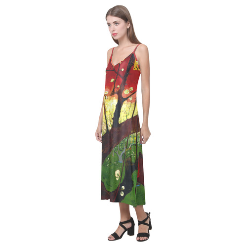 Van Gogh Flower Plum Orchard Nature Hiroshige V-Neck Open Fork Long Dress(Model D18)