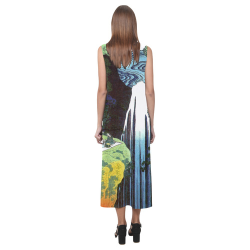 Hokusai Amida Waterfall Japanese Nature Landscape Phaedra Sleeveless Open Fork Long Dress (Model D08)