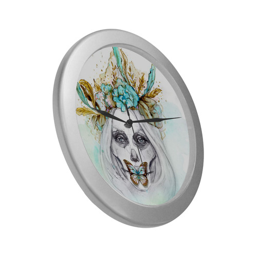 Sugar Skull Girl Mint GoldSugar Skull Girl Mint Gold Silver Color Wall Clock