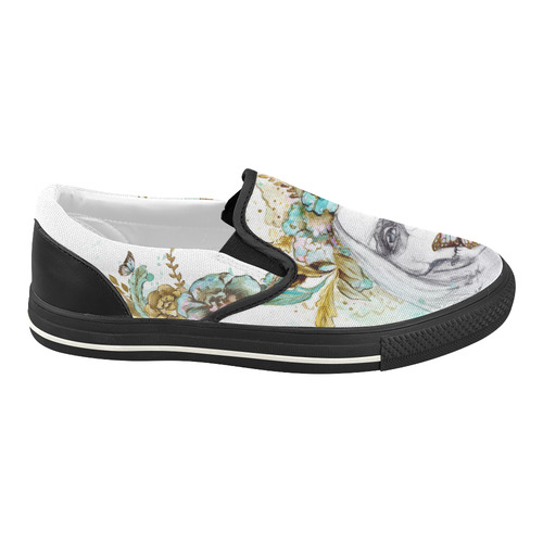 Sugar Skull Girl Mint Gold Women's Slip-on Canvas Shoes (Model 019)