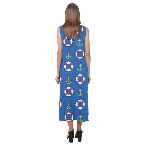 Nautical Pattern With Anchors Phaedra Sleeveless Open Fork Long Dress (Model D08)